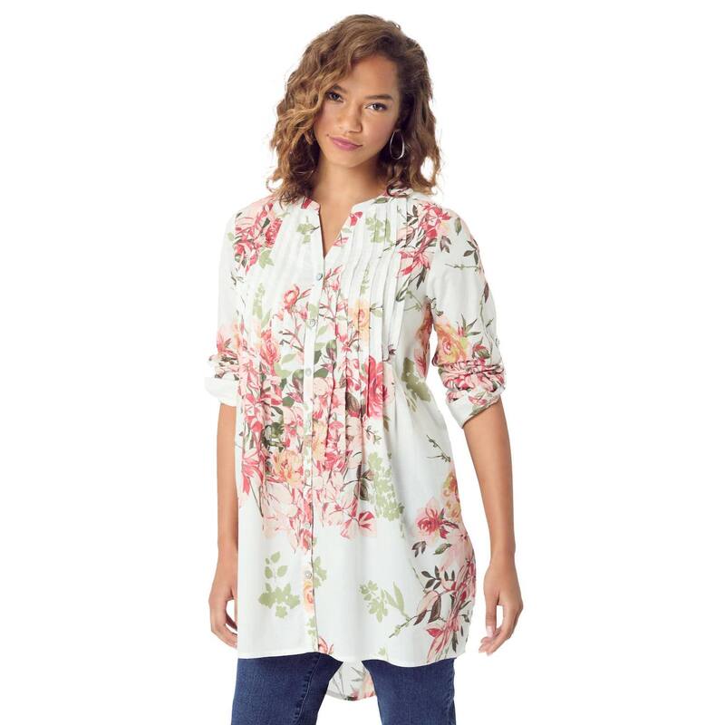 ロアマンズ レディース トップス プルオーバー 御花柄 つけ加える大きさ 御花 Roaman\u0027s Women\u0027s Plusize Floral Y-Neck Pintuck Tunic Adjustable Long Sleeve Button-Front White Romantic Rose 白いこと