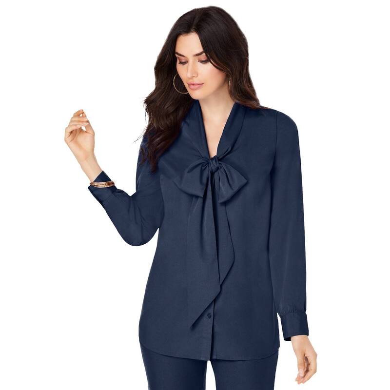ロアマンズ レディース トップス シャツ プラスサイズ ブラウス Roaman's Women's Plusize Long Sleeve Bow Blouse Navy ネイビー｜ReVida 店