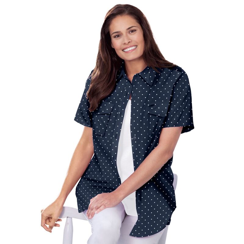 ウーマン ウィズイン レディース トップス シャツ プラスサイズ 半袖 コットン Woman Within Plusize Short-Sleeve Cotton Campshirt Navy Mini Dot ネイビー