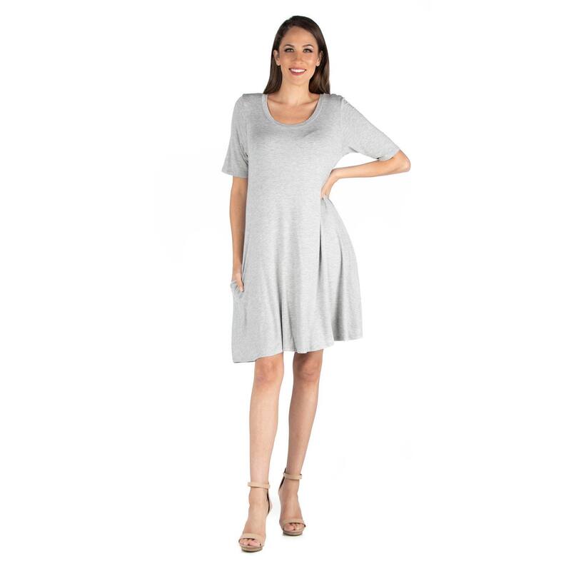 24 セブンコンフォート レディース トップス ワンピース シャツ Women's 24seven Comfort Apparel Roundneck Flared Shirtdress with Pockets Heather ヘザー｜ReVida 店