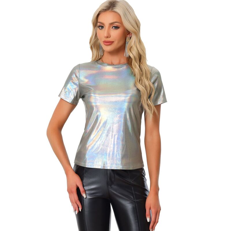 アレグラ ケー レディース トップス シャツ トール ALLEGRA K Women's Discoutfit Party Club Sparkly Rainbow Metallic Top Shiny Silver シルバー|ReVida 店