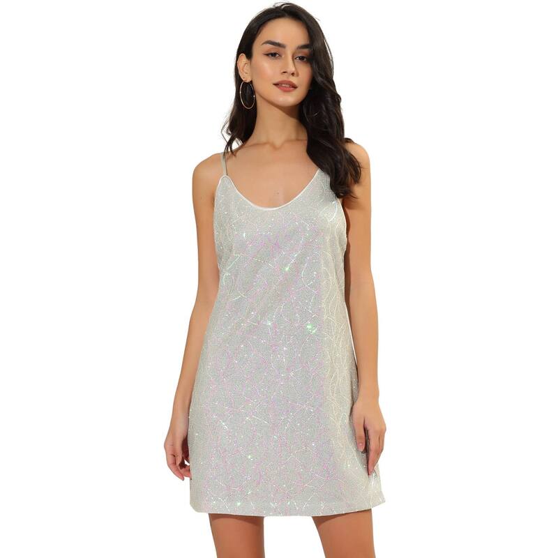 アレグラ ケー レディース トップス ワンピース ミニ スパンコール ALLEGRA K Women's Glitter Sparkle Adjustable Strapromini Sequin Dress White Pinks ホワイト 10,485円