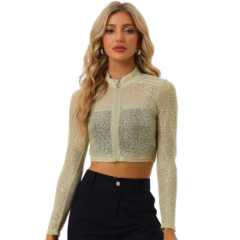 アレグラ ケー レディース アウター 上衣・上衣 セミシアー クロップド ALLEGRA K Women\u0027s Dotstand Collar Semi Sheer Cropped Jacket Gold ゴールド