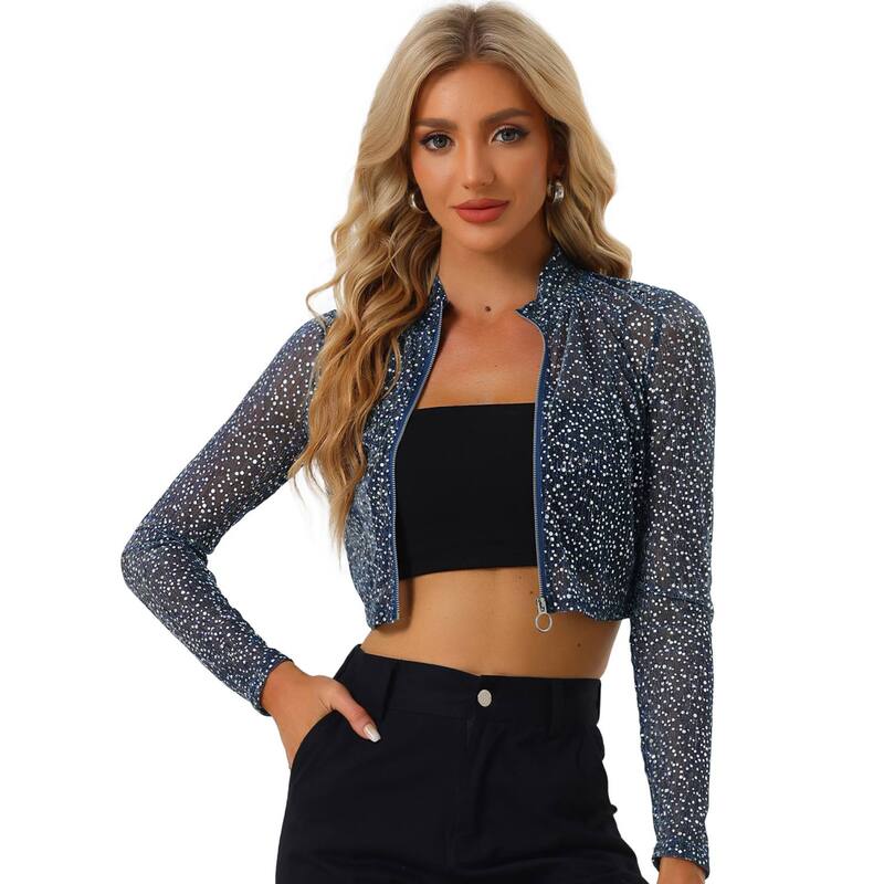 アレグラ ケー レディース アウター 上衣・上衣 セミシアー クロップド ALLEGRA K Women\u0027s Dotstand Collar Semi Sheer Cropped Jacket Navy Blue 米国海軍