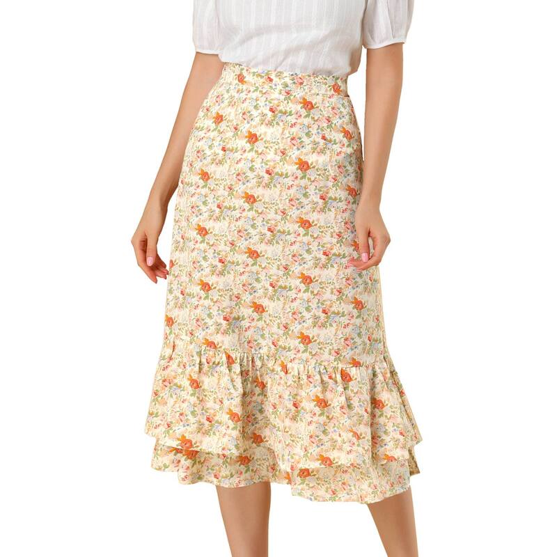 アレグラ ケー レディース ボトムスカート フリル裾 フラワー柄 プリント フリル ミディ フラワー ALLEGRA K Women's Floral Print Elastic Waist Ruffle Hemidi Skirt Beige Floral ベージュ