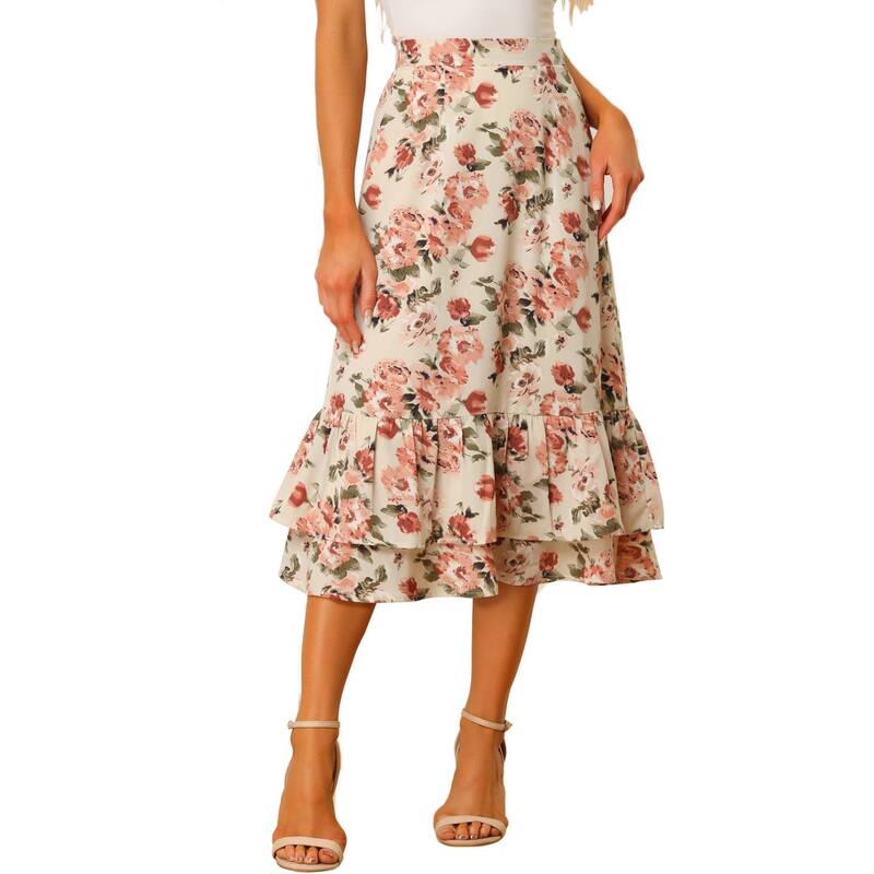 アレグラ ケー レディース ボトムスカート フリル裾 フラワー柄 プリント フリル ミディ フラワー ALLEGRA K Women's Floral Print Elastic Waist Ruffle Hemidi Skirt Beige Pink ピンク