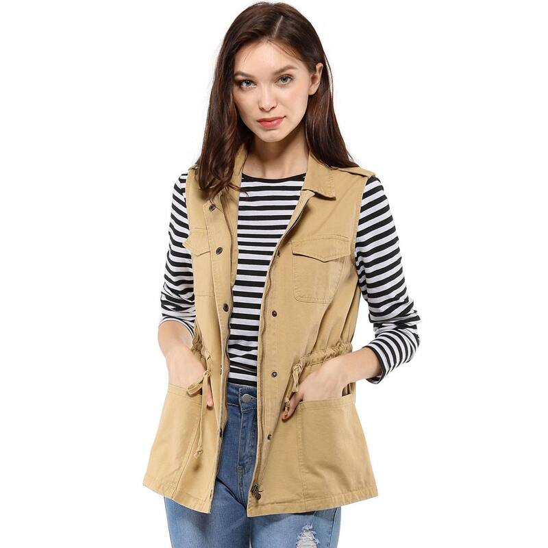 アレグラ ケー レディース アウター 上衣・上衣 ドローコードウエスト 限りない ノースリーブ ALLEGRA K Women\u0027sleeveless Zip Up Drawstring Waist Cargo Vest Jacket Khaki カーキ