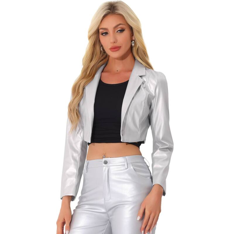 アレグラ ケー レディース アウター ジャケット・ブルゾン クロップド ブレザー フェイクレザー ALLEGRA K Faux Leather Cropped Blazer For Women's Notched Lapel Collar Single Breasted Moto Pu Jacketsilver シルバー