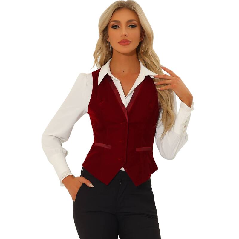 アレグラ ケー レディース アウター ジャケット・ブルゾン Vネック ベスト ベルベット ノースリーブ コート ALLEGRA K Retro Velvet Waistcoat For Women's V Neck Sleeveless Racerback Steampunk Vest Burgundy バーガンディ
