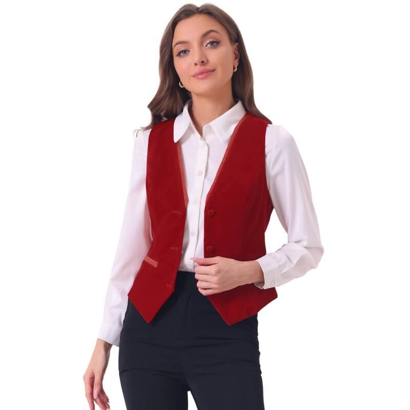 アレグラ ケー レディース アウター ジャケット・ブルゾン Vネック ベスト ベルベット ノースリーブ コート ALLEGRA K Retro Velvet Waistcoat For Women's V Neck Sleeveless Racerback Steampunk Vest Red レッド