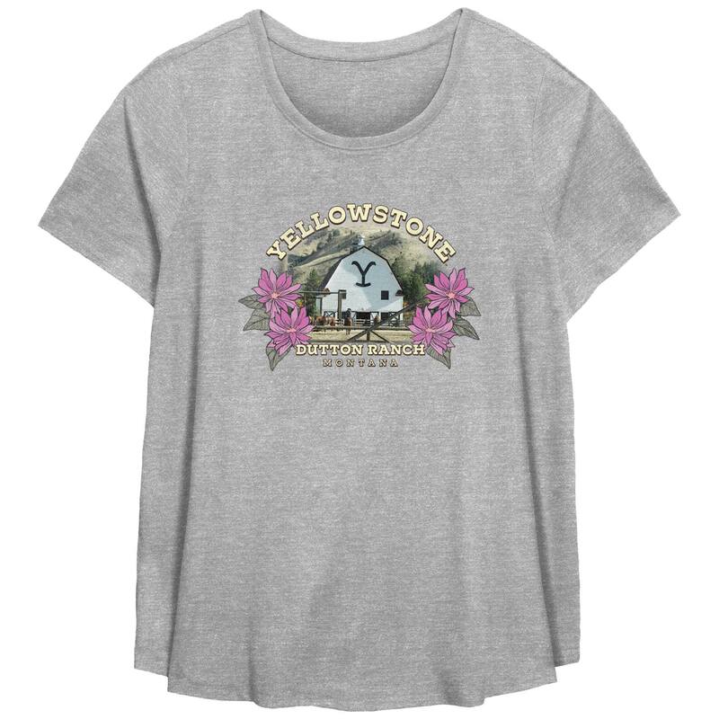 アニメキャラクター レディース トップス Tシャツ プラスサイズ Licensed Character Missy Plusize Yellowstone Dutton Ranch Montana Barn Scoop Hem Tee Heather Gray グレー