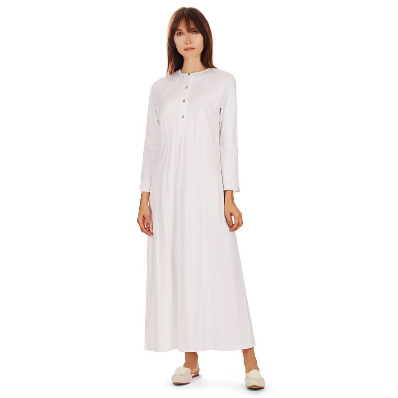 メモイ レディース アンダーウェア ナイトウェア コットン MeMoi Women's Bell Sleeve Trimmed Long Cotton Blend Placket Gown White ホワイト