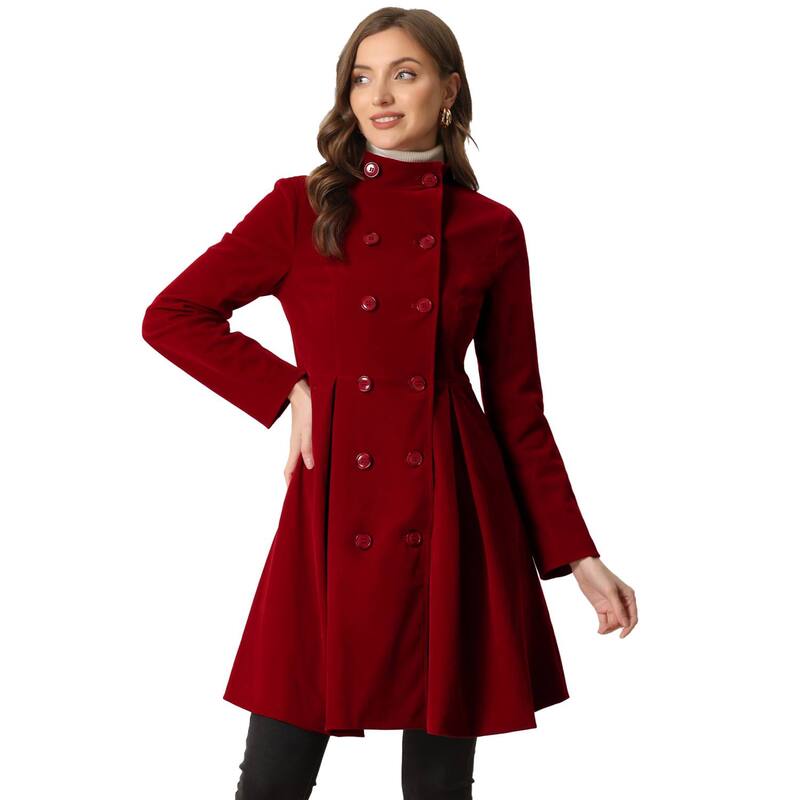 アレグラ ケー レディース アウター ジャケット・ブルゾン A ライン ベルベット コート ALLEGRA K Velvet A-Line Coat for Women'stand Collar Double Breasted Winter Trench Coats Dark Red レッド