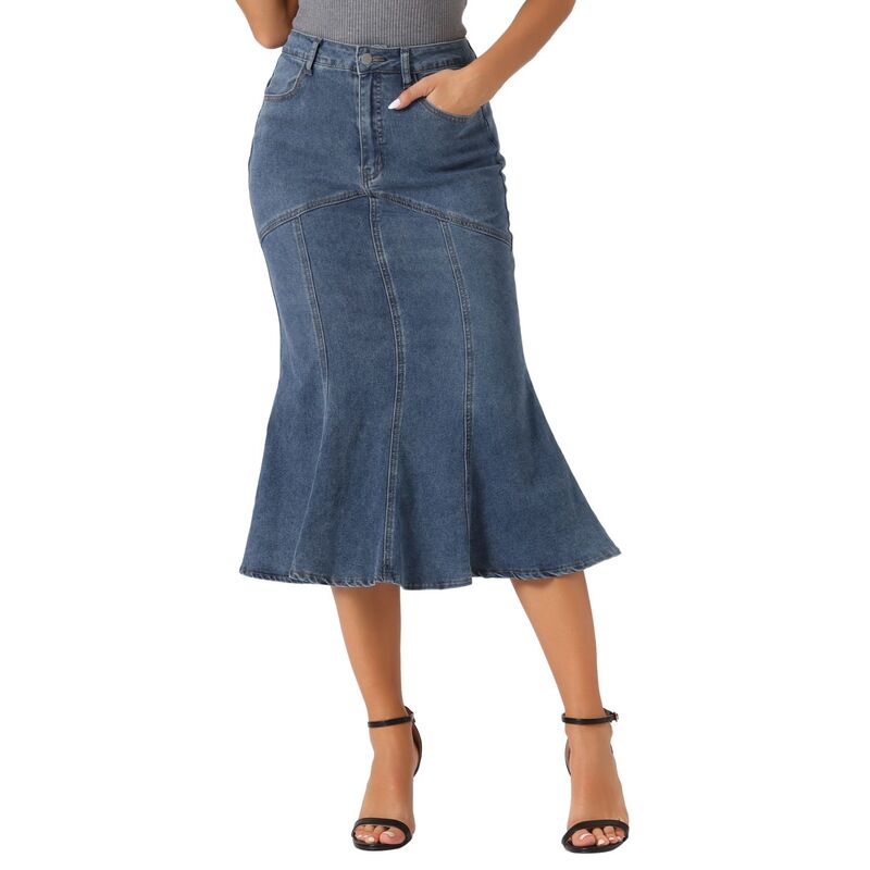 アレグラ ケー レディース 下つ方スコート midi ジーンズ ALLEGRA K Fishtail Denim Skirt For Women Washed Midi Jean Bodycon Skirt Grey Blue 薄墨色 ボトムス-スカート