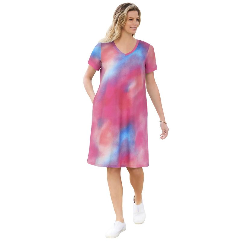 ウーマン ウィズイン レディース トップス ワンピース Vネック プラスサイズ Tシャツ 半袖 Woman Within Plusize Perfect Short-Sleeve V-Neck Tee Dress Peony Petal Tie Dye