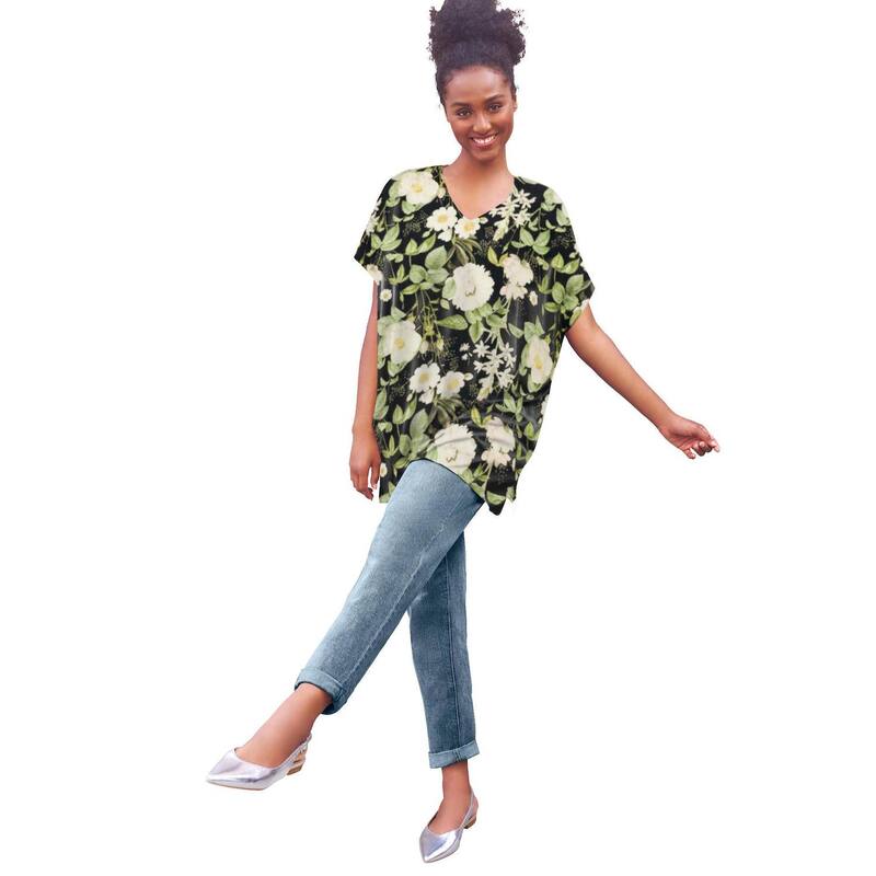 Ellos レディース トップス Tシャツ プラスサイズ ニット ellos Plusize Stretch Knit Scoop Neck Oversized Tunic Black White Floral ホワイト｜ReVida 店 10,636円