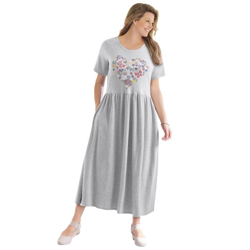 ウーマン ウィズイン レディース トップス ワンピース プラスサイズ 半袖 エンパイア Woman Within Plusize Short-Sleeve Scoopneck Empire Waist Dress Heather Grey Butterfly グレー｜ReVida 店