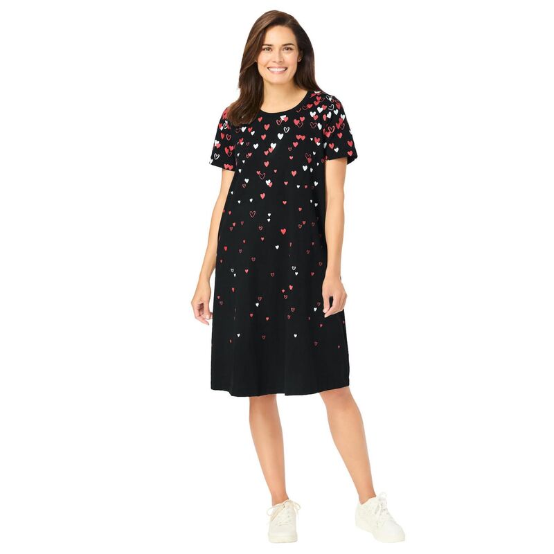 ウーマン ウィズイン レディース トップス ワンピース クルーネック プラスサイズ Tシャツ 半袖 Woman Within Plusize Perfect Short-Sleeve Crewneck Tee Dress Black Red Falling ブラック