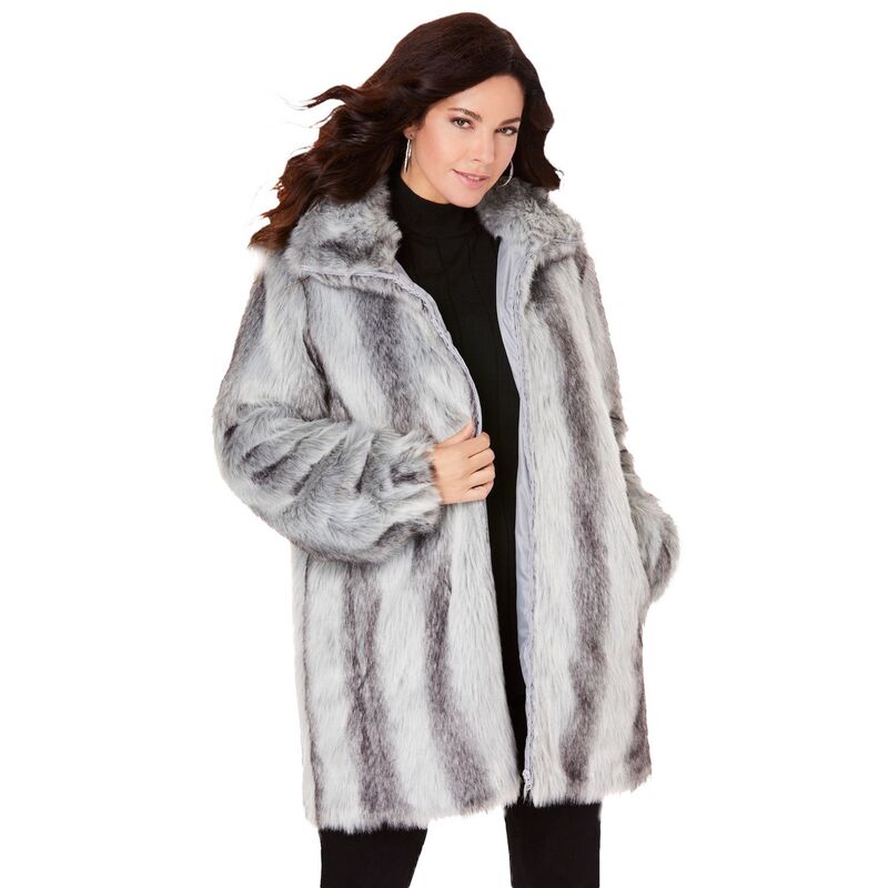 ロアマンズ レディース アウター ジャケット・ブルゾン プラスサイズ コート Roaman's Women's Plusize Mid-Lengthooded Faux Fur Coat Chinchilla