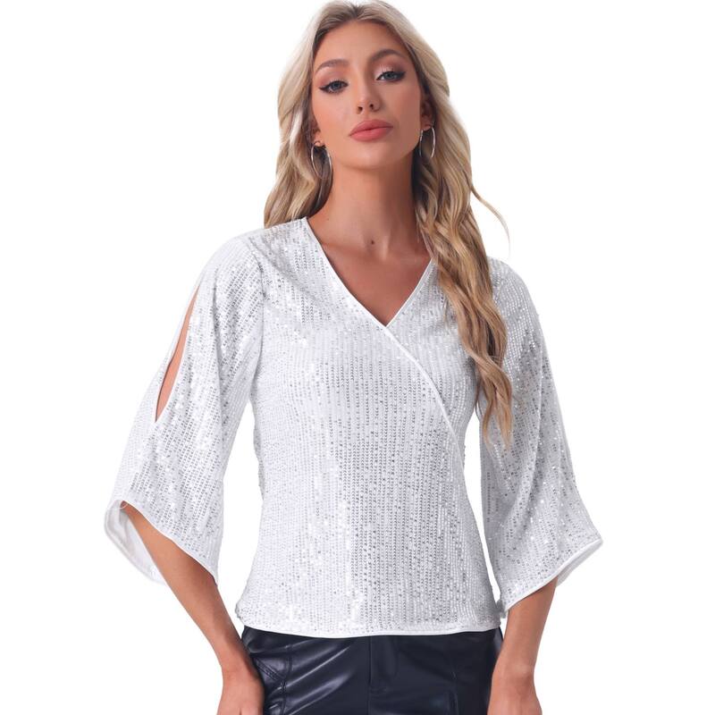 アレグラ ケー レディース トップス Tシャツ Vネック スパンコール ブラウス ALLEGRA K Sequin Top for Women's 3/4 Sleeve V Neck Sparkly Party Club Discoutfit Blouse Top Silver シルバー