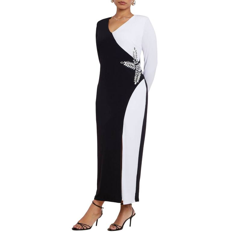 エロクイ レディース トップス 衣装 付け加える大いさ 色合い差しつかえる マキシ ELOQUII Women\u0027s Plusize Colorblock Embellished Maxi Dress Black Onyx Bright 黒いこと レディースファッション-ワンピース