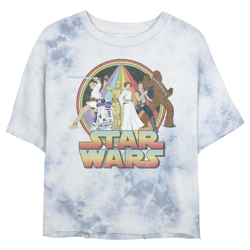 スター ウォーズ レディース トップス Tシャツ ヴィンテージ グラフィック Juniors' Star Wars: Rainbow Group Shot Vintage Poster Wash Graphicrop Tee White Blue ホワイト