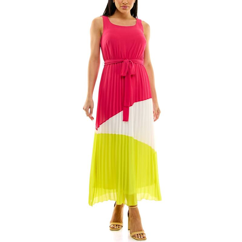 ニナレオナルド レディース トップス ワンピース ノースリーブ カラーブロック マキシ Women's Nina Leonard Belted Sleeveless Colorblock Maxi Dress Pink Multi ピンク