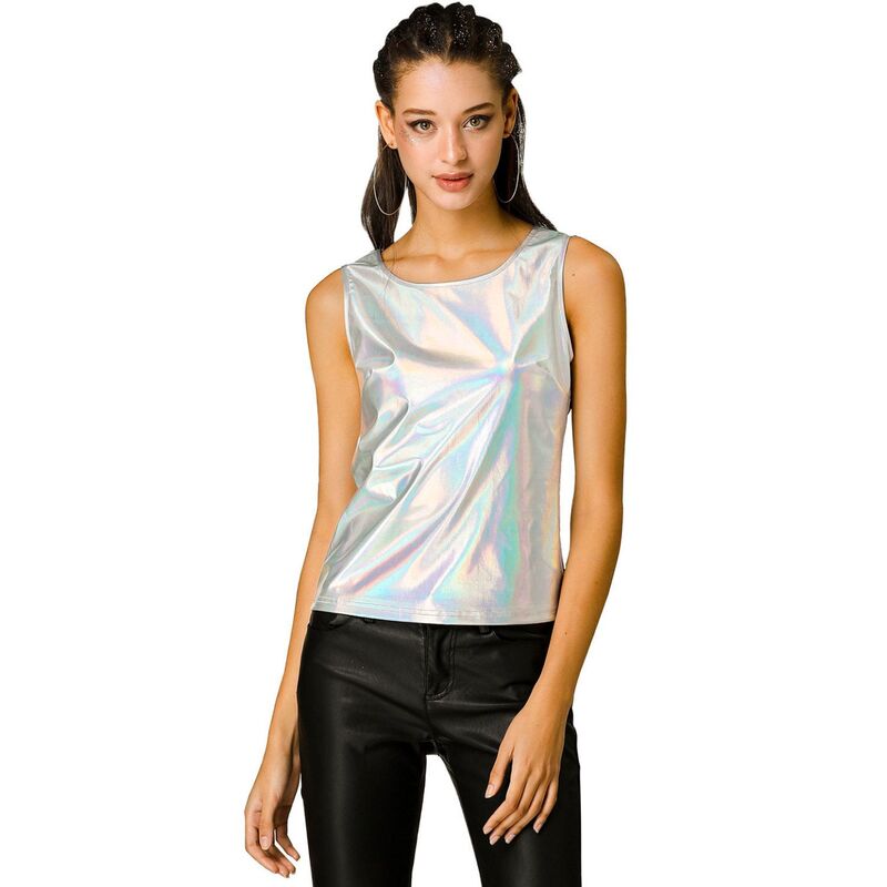 アレグラ ケー レディース トップス Tシャツ スリムフィットール ALLEGRA K Women's U Neck Stretchy Slim Fit Metallic Tank Topsilver Pink ピンク｜ReVida 店