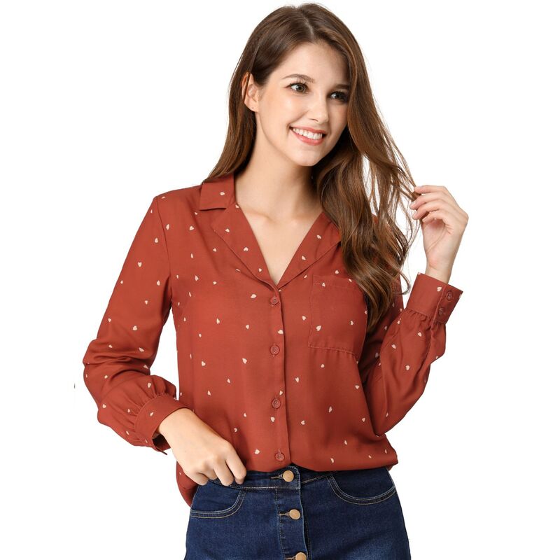アレグラ ケー レディース トップス シャツ Vネック ドット ALLEGRA K Women's Heart Polka Dots Button up V Neck Long Sleeve Shirts Brown Red レッド｜ReVida 店