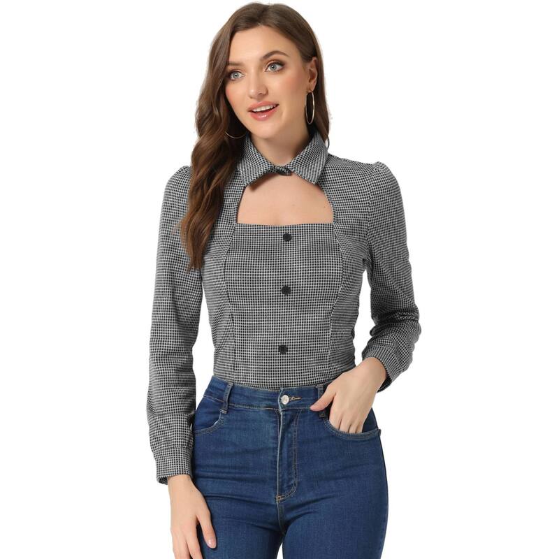 アレグラ ケー レディース トップス シャツ プリント ブラウス ALLEGRA K Women Houndstooth Print Choker Neck Puffy Long Sleevelegant Casual Blouse Top White Black ホワイト