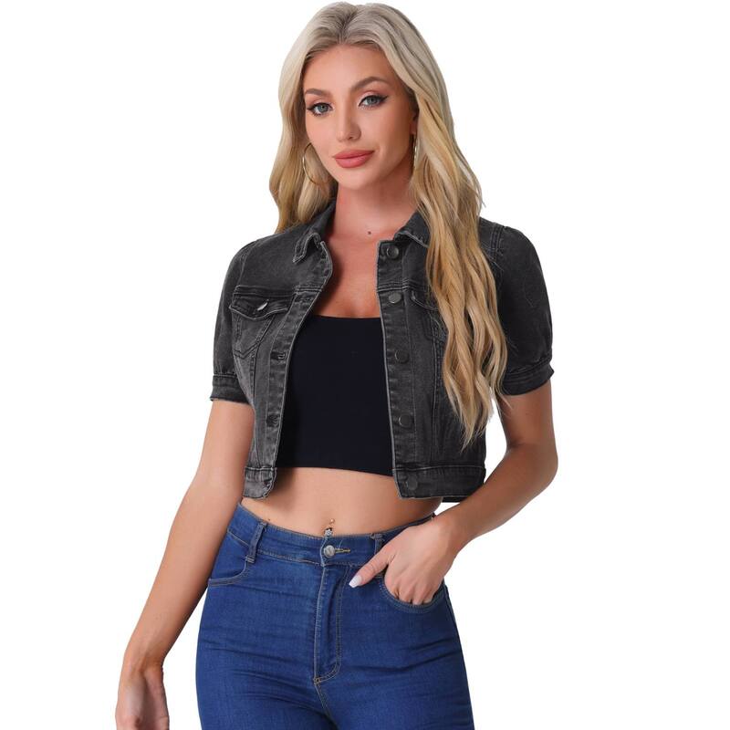 アレグラ ケー レディース アウター 上衣・上衣 名取り草落ち込む クロップド ジーンズ ALLEGRA K Women\u0027s Cropped Jacketshort Sleeve Button Down Washedenim Jean Jacket Dark Gray 薄墨色