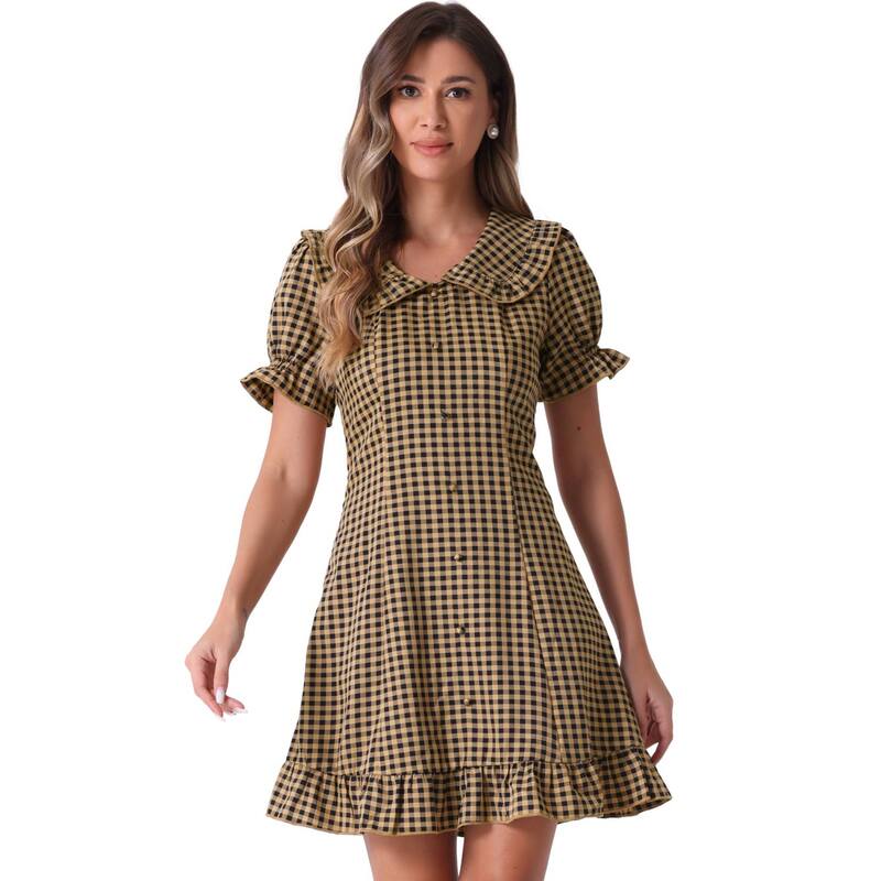 アレグラ ケー レディース トップス ワンピース ギンガムチェック プリント フリル ミニ ギンガム ALLEGRA K Women's Gingham Print Ruffledoll Collar Mini Dress Dark Brown ブラウン|ReVida 店