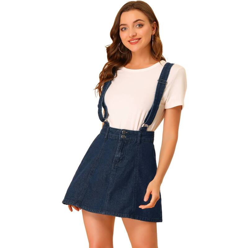 アレグラ ケー レディース ボトムスカート A ライン ミニ コットン ALLEGRA K Women's Washed Cotton Button Front A Line Casual Mini Suspender Skirt Dark Blue ブルー｜ReVida 店