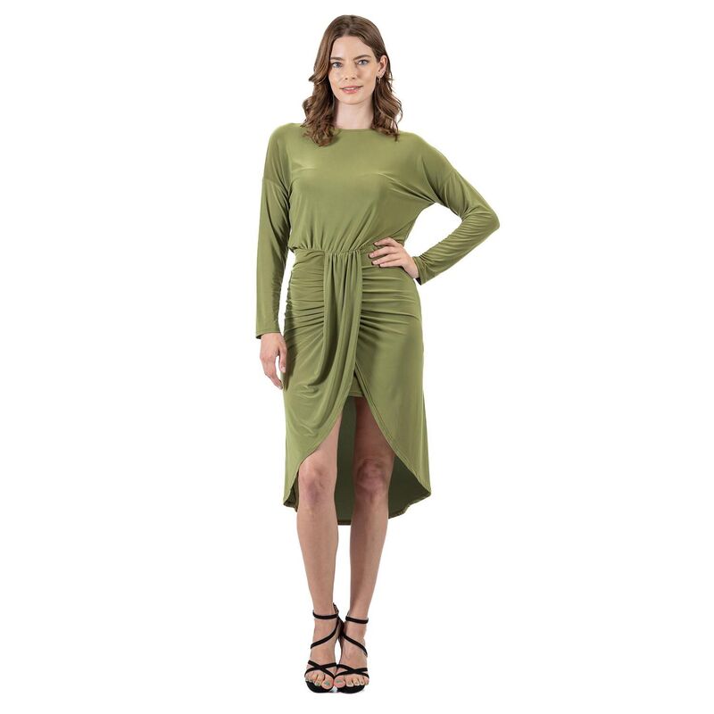 24 セブンコンフォート レディース トップス ワンピース ひざ丈 スカート Women's 24Seven Comfort Apparelong Sleeve Dressy Tulip Skirt Knee Length Dress Avocado|ReVida 店