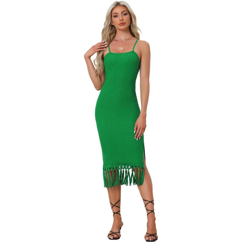 アレグラ ケー レディース トップス ワンピース ノースリーブ フリンジ ALLEGRA K Crochet Dress For Women's Fringe Hem Boho Beach Sleeveless Dress Green グリーン