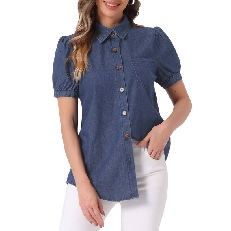 アレグラ ケー レディース トップス シャツ デニム ALLEGRA K Women's Denim Shirt Collared Short Puffy Sleeve Chest Pocket Button Up Shirt Deep Blue ブルー