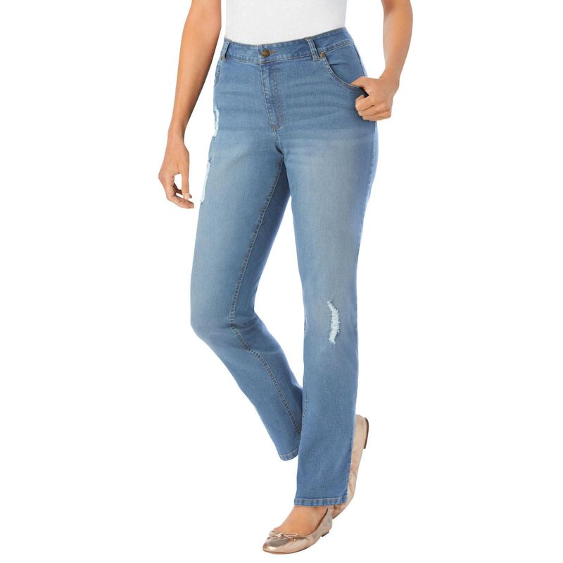 ウーマン ウィズイン レディース ボトムス デニムパンツ プラスサイズ ジーンズ Woman Within Plusize Straight-Leg Stretch Denim Five-Pocket Jeans Distressed デニム