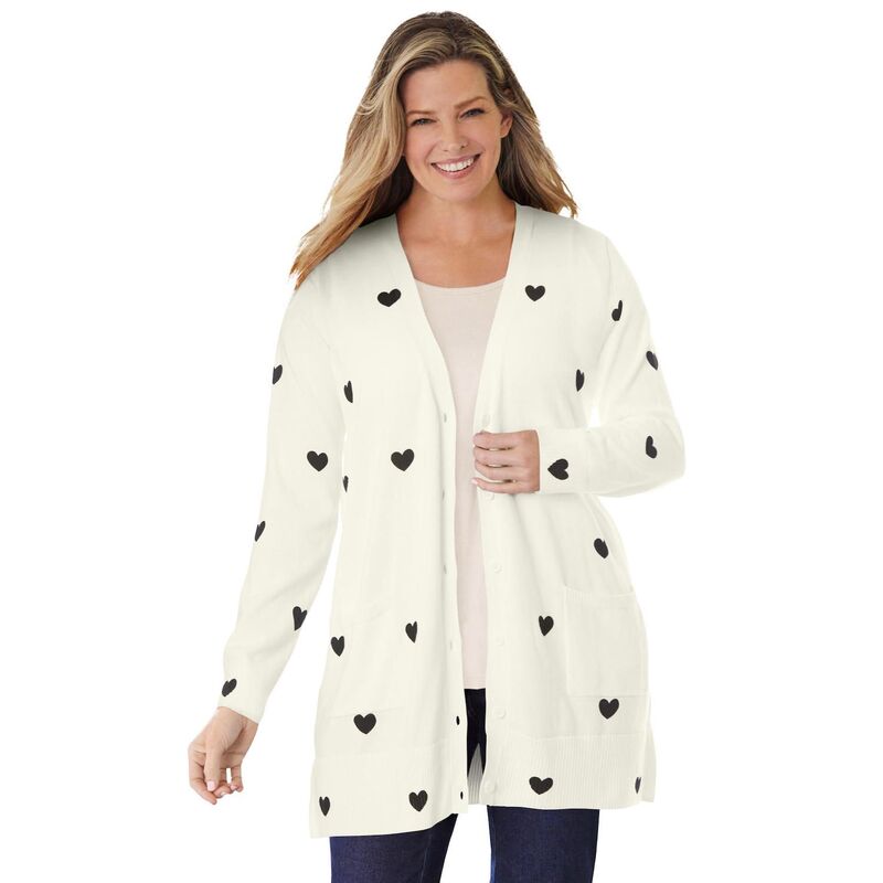 ウーマン ウィズイン レディース アウター ニット・セーター プラスサイズ コットン カーディガン Woman Within Plusize Perfect Longer-Length Cotton Cardigan Sweater Ivory Black Heart アイボリー