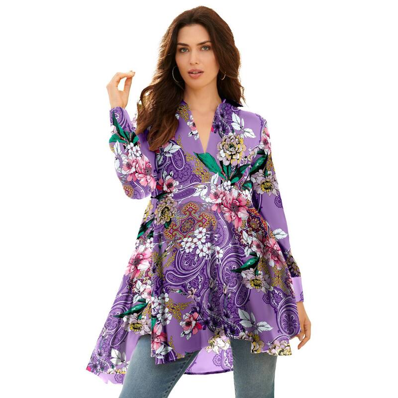 ロアマンズ レディース トップス プルオーバー つけ加える大きさ Roaman\u0027s Women\u0027s Plusize Hand Crinkled Fit And Flare Tunic Violet Paisley Garden 相撲取り草