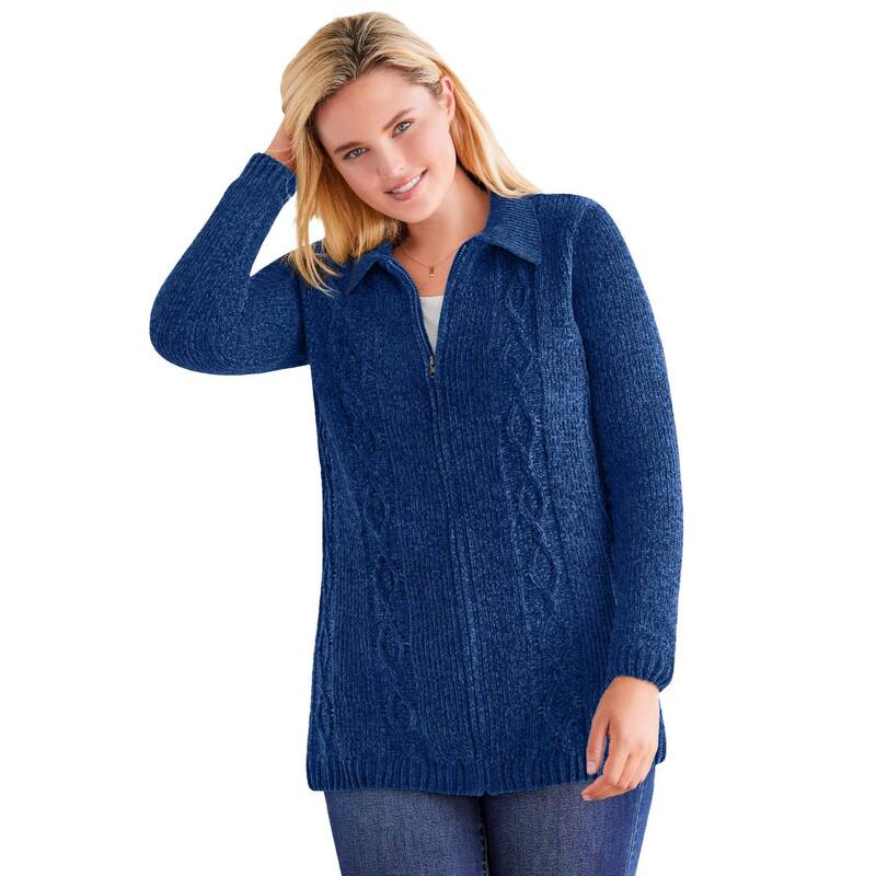 ウーマン ウィズイン レディース アウター ニット・セーター プラスサイズ カーディガン Woman Within Plusize Chenille Zip Cable Cardigan Sweater Evening Blue ブルー
