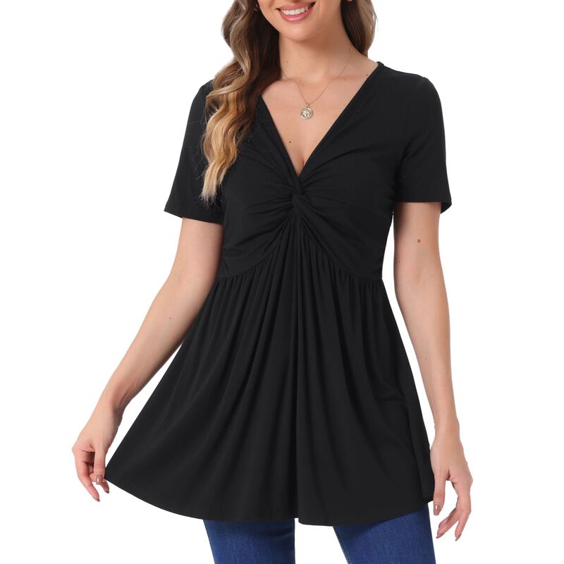 アレグラ ケー レディース トップス プルオーバー Vのど首 トップ ALLEGRA K Women\u0027summer Front Knotted V Neck Blouse Short Sleeve Oversized Tunic Topsolid Pullover T Shirt Black 黒いこと