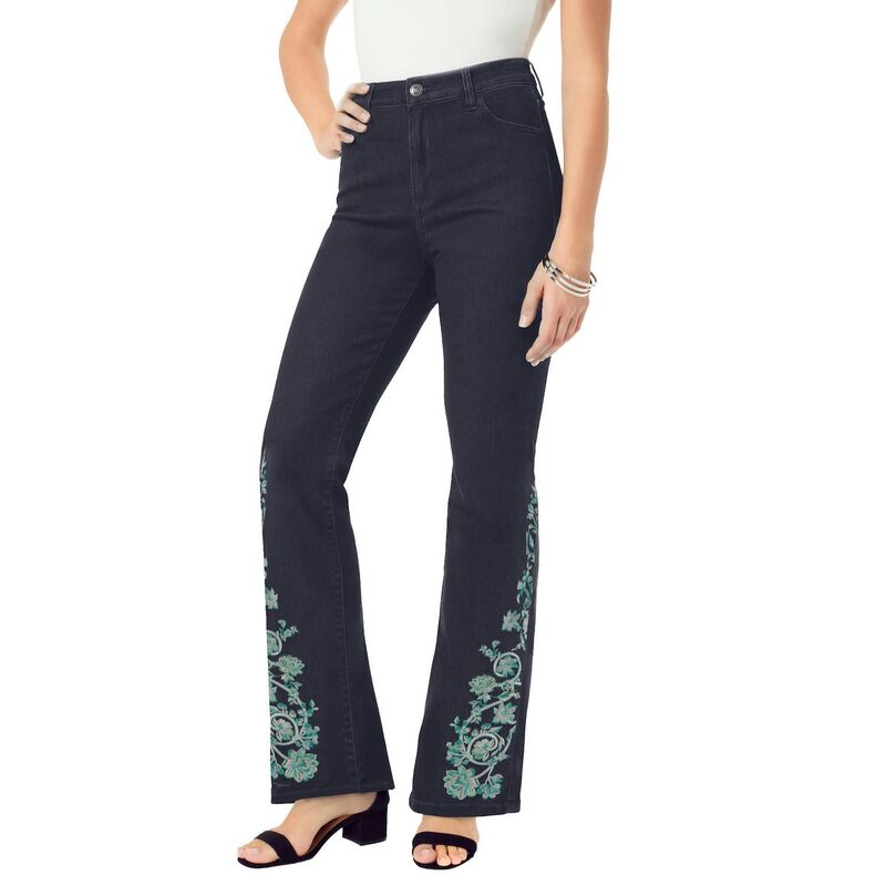 ロアマンズ レディース ボトムス デニムパンツ プラスサイズ 刺繍 Roaman's Women's Plusize Invisible Stretch Embroidered Split Flare-Leg Jean Indigo Vine インディゴ