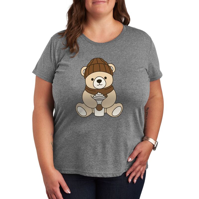 アニメキャラクター レディース トップス Tシャツ プラスサイズ グラフィック Licensed Character Plusize Teddy Bear Holding Coffee Cup Short Sleeve Graphic Tee Heather Gray グレー