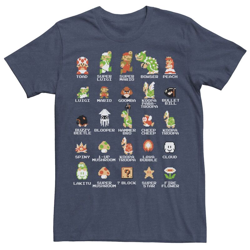 アニメキャラクター メンズ トップス Tシャツ ヴィンテージ Licensed Character Men's Nintendo Super Mario 8-bit Pixel Icons List Vintage Tee Navy Heather ヘザー