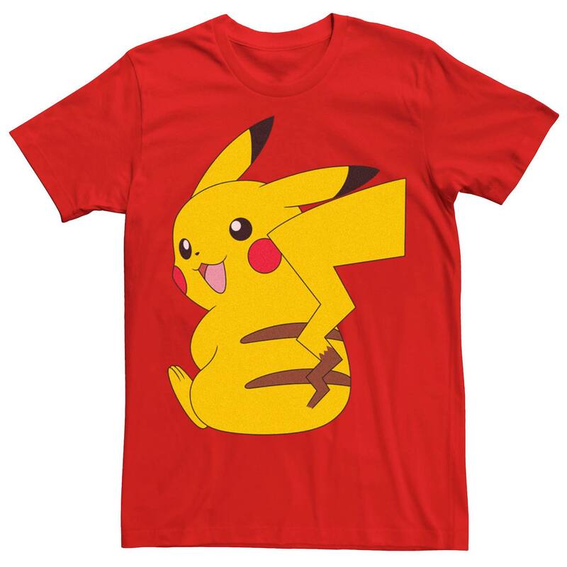 アニメ人となり メンズ トップス ティーシャツ Licensed Character Men\u0027s Pokmon Cute Smiling Pikachu Sitting Tee Red 赤いこと Tシャツ・カットソー-メンズファッション-トップス