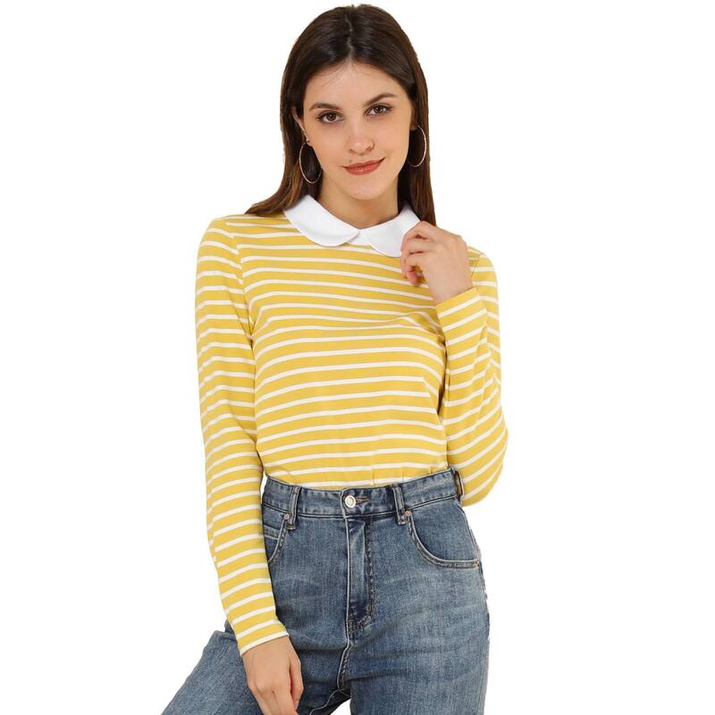 アレグラ ケー レディース トップス シャツ コントラスト ブラウス ALLEGRA K Women's Peter Pan Collar Long Sleeves Contrastriped Blouse Yellow イエロー