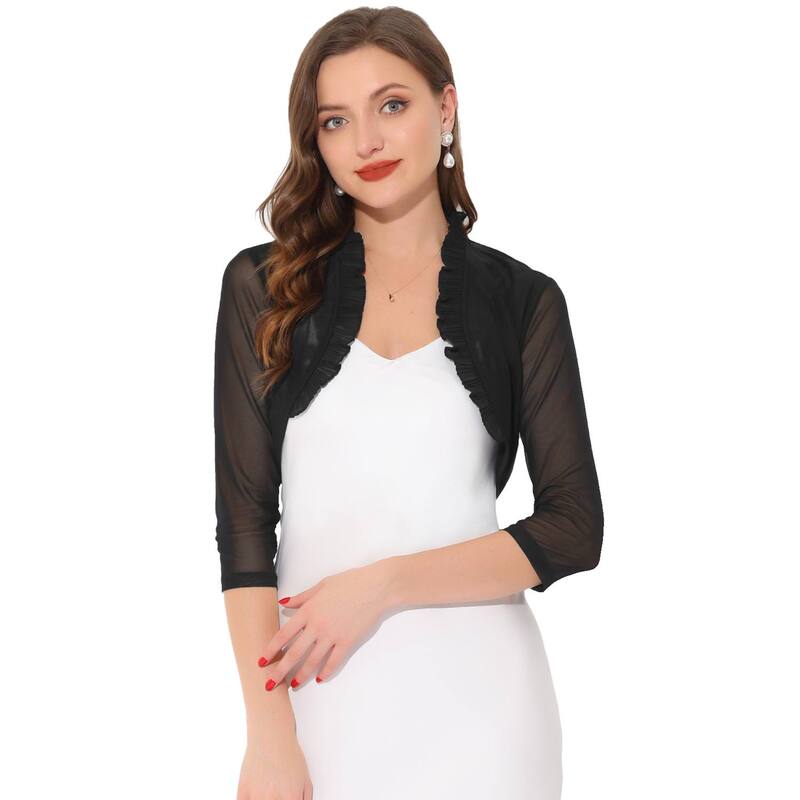アレグラ ケー レディース アウター ジャケット・ブルゾン フリル メッシュ カーディガン ALLEGRA K Ruffle Shrug for Women'see Through 3/4 Sleeves Open Front Mesh Crop Bolero Cardigan Black ブラック｜ReVida 店
