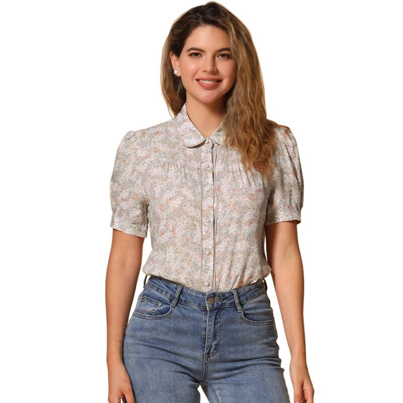 アレグラ ケー レディース トップス シャツ フラワー柄 コントラスト ブラウス フラワー ALLEGRA K Peter Pan Collar Blouse for Women's Contrastrim Puffy Sleeve Peasant Floral Shirt Beige ベージュ