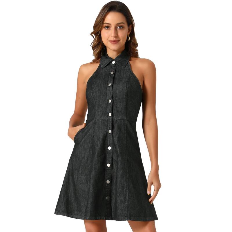 アレグラ ケー レディース トップス ワンピース ボタンダウン シャツ ダウン デニム ホルター ALLEGRA K Denim Dresses for Women's Halter Neck Button Down Shirt Dress Black ブラック