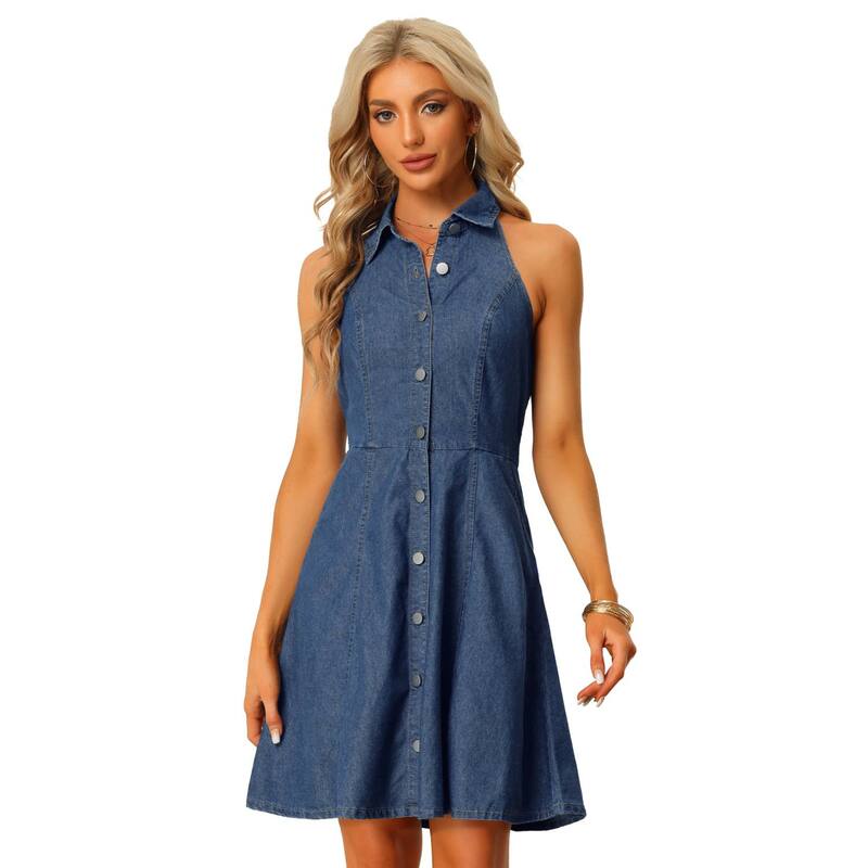 アレグラ ケー レディース トップス ワンピース ボタンダウン シャツ ダウン デニム ホルター ALLEGRA K Denim Dresses for Women's Halter Neck Button Down Shirt Dress Blue ブルー